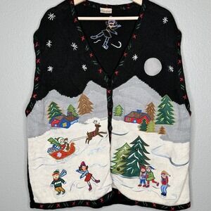 VTG 90s Bobbie Brooks Christmas Sweater Vest XL Embroidered‎ Knit Winter Village